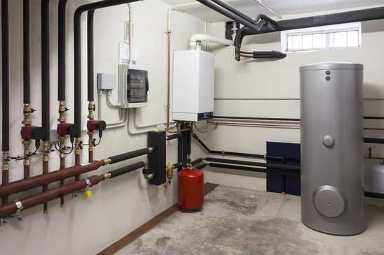 Local technique moderne avec chaudi&egrave;re murale blanche, ballon d'eau chaude vertical en inox, circuit de distribution avec collecteur &agrave; vannes rouges et tubes noirs isol&eacute;s