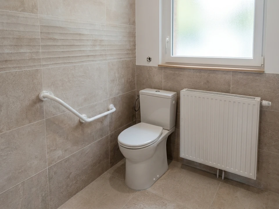 Salle de bain adapt&eacute;e PMR avec si&egrave;ge de douche rabattable, barres d'appui murales en acier inoxydable, robinetterie thermostatique avec douchette &agrave; main r&eacute;glable