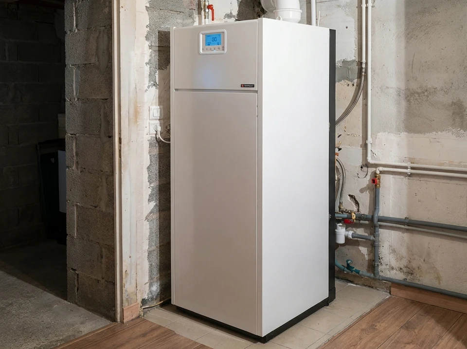 Unité intérieure de climatisation murale gainable de marque Daikin, installée en hauteur sur un mur blanc