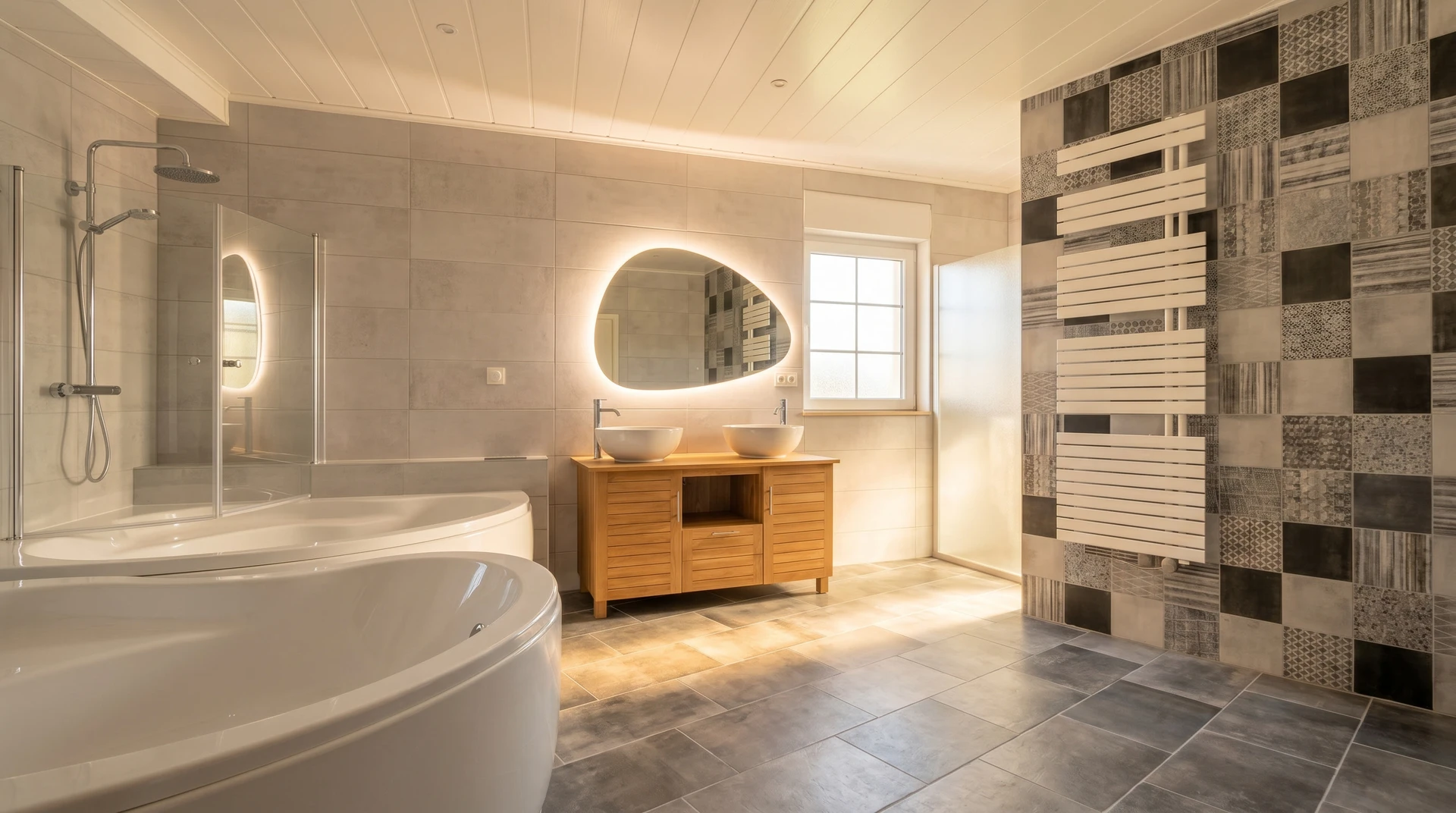 Salle de bain adaptée PMR avec douche à l'italienne équipée de barres d'appui murales blanches, siège de douche rabattable et tabouret blanc réglable