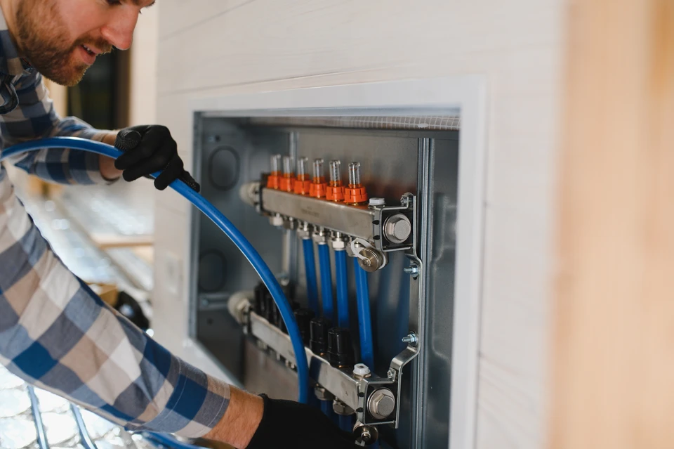 Un technicien en salopette et chemise à carreaux effectue la maintenance d'une chaudière murale domestique dans un local technique