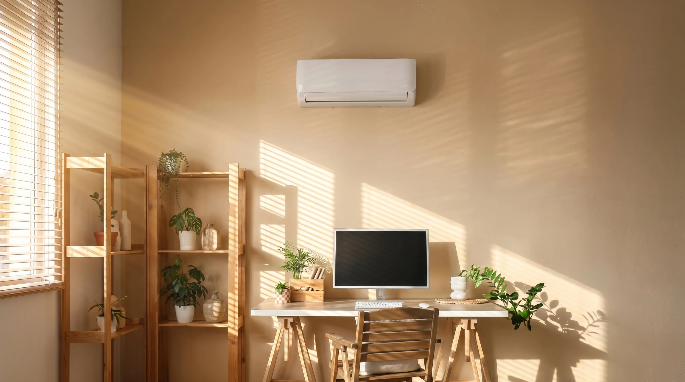 Technicien en combinaison de travail installant une unité de climatisation murale dans un intérieur résidentiel moderne